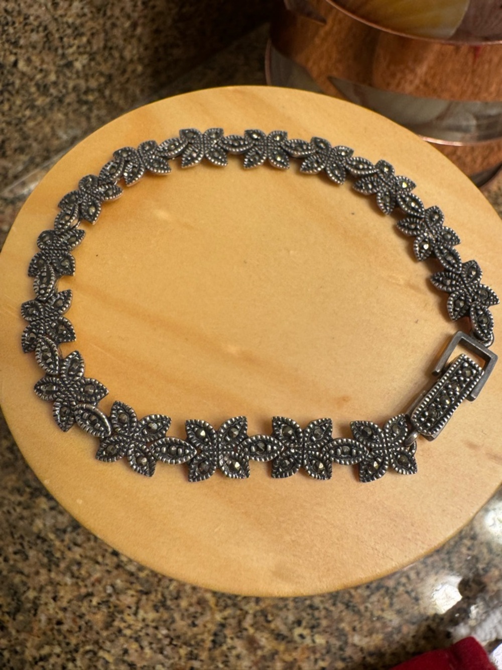 925 Sterling Silver - Vintage Marcasite Floral Motif Chain Bracelet‎ -